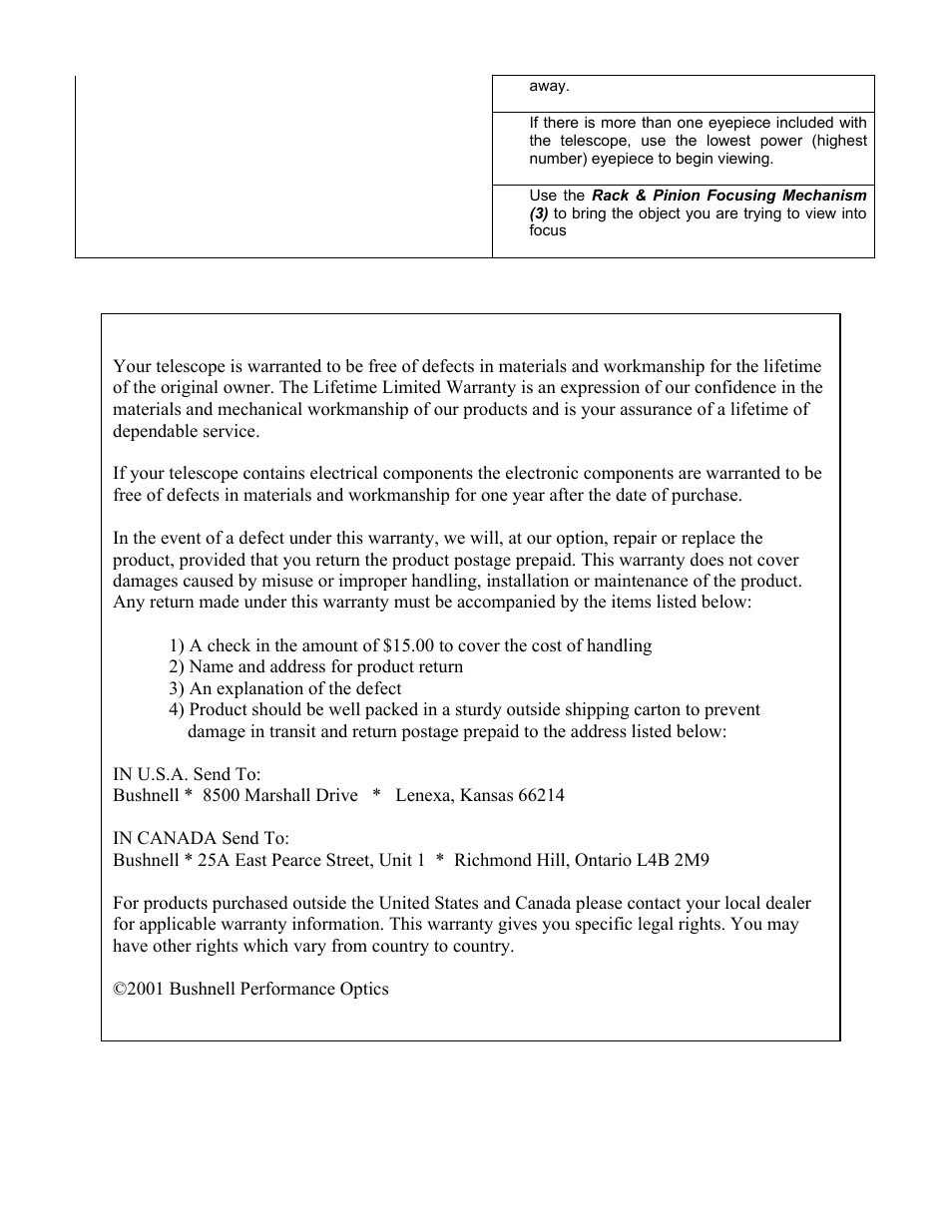 Telescope lifetime limited warranty | Bushnell DEEP SPACE 78-9003 User Manual | Page 6 / 6
