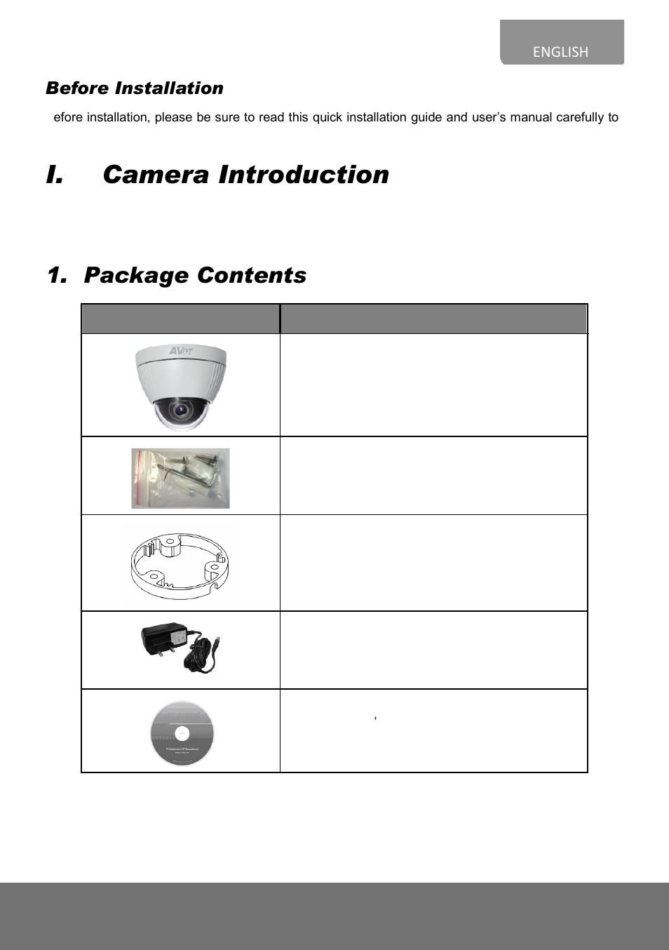 Camera introduction, Package contents, I. camera introduction | Before installation | AVer FV1306 quick guide User Manual | Page 3 / 20