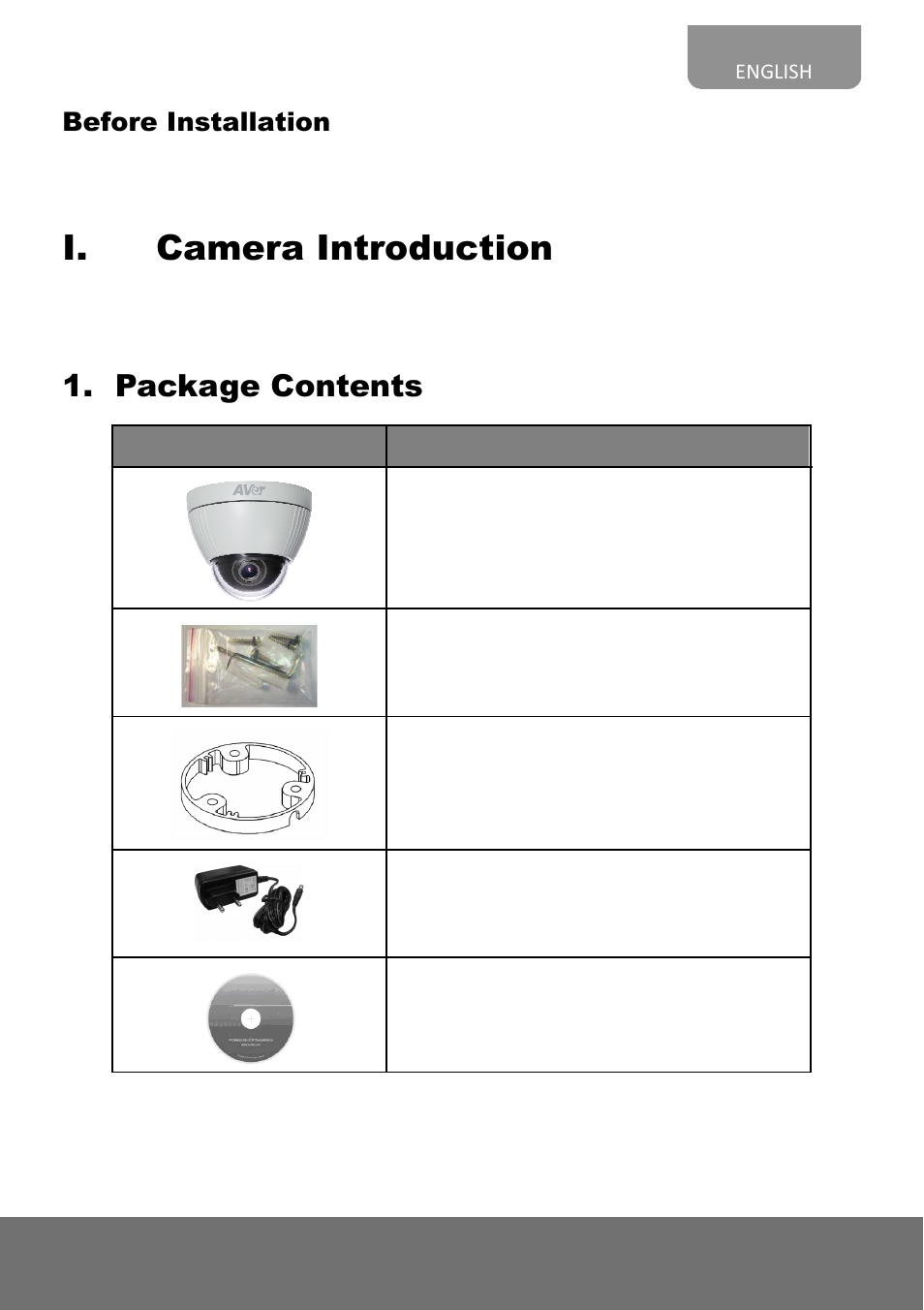 I. camera introduction, Package contents, Before installation | AVer FV2006 quick guide User Manual | Page 3 / 20