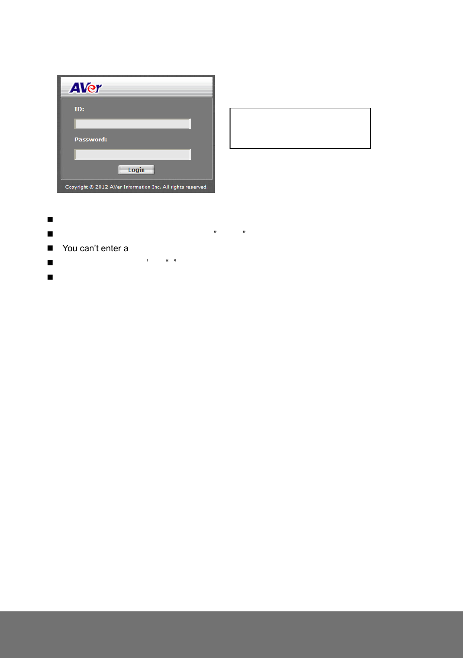 Default id: admin default password: admin | AVer FV2006-1 quick guide User Manual | Page 14 / 20