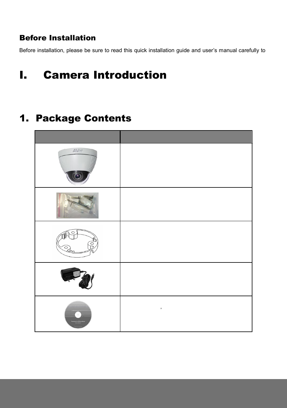 Camera introduction, Package contents, I. camera introduction | Before installation | AVer FV2006-1 quick guide User Manual | Page 3 / 20