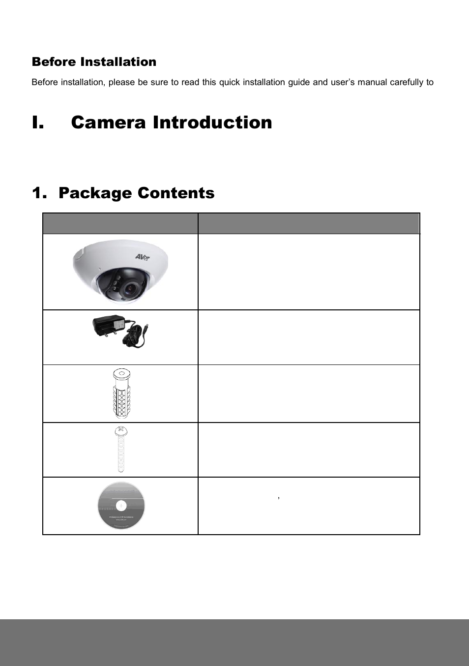 Camera introduction, Package contents, I. camera introduction | AVer FD1020 quick guide User Manual | Page 5 / 24