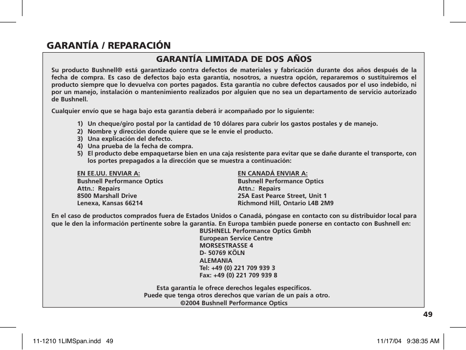 Garantía / reparación, Garantía limitada de dos años | Bushnell 11-1210 User Manual | Page 107 / 108