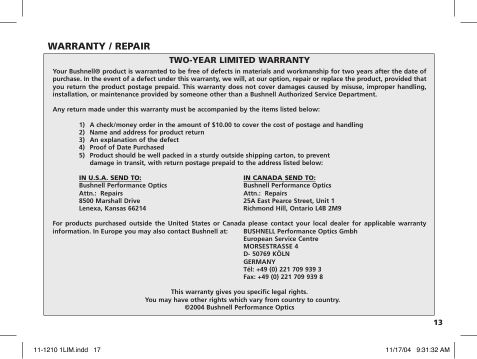 Warranty / repair, Two-year limited warranty | Bushnell 11-1210 User Manual | Page 17 / 108