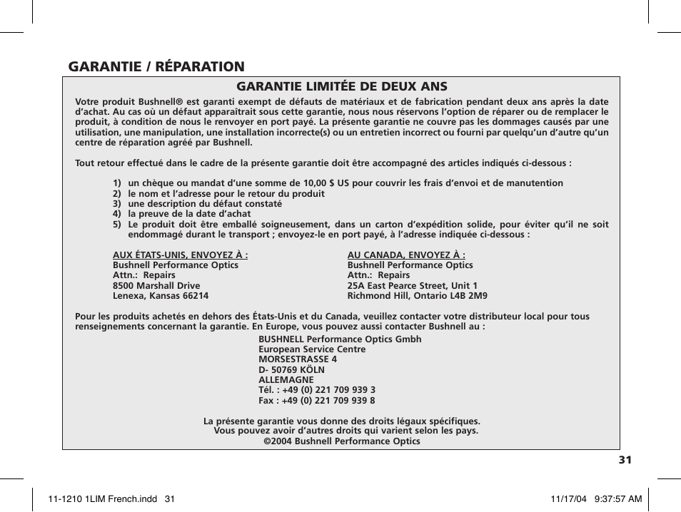 Garantie / réparation, Garantie limitée de deux ans | Bushnell 11-1210 User Manual | Page 35 / 108
