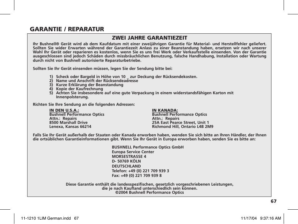 Garantie / reparatur, Zwei jahre garantiezeit | Bushnell 11-1210 User Manual | Page 53 / 108