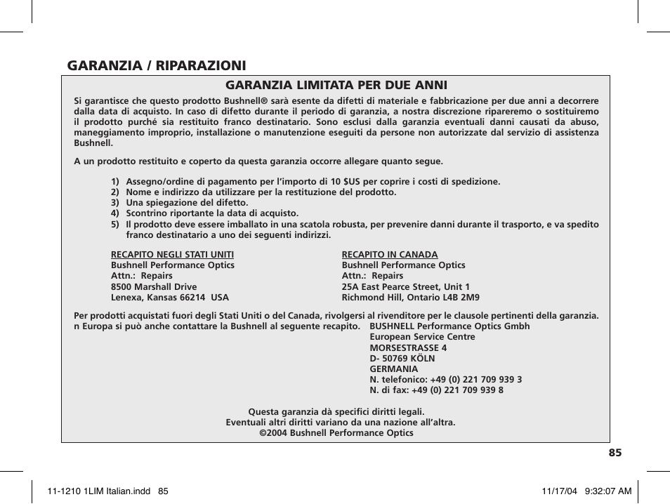 Garanzia / riparazioni, Garanzia limitata per due anni | Bushnell 11-1210 User Manual | Page 71 / 108