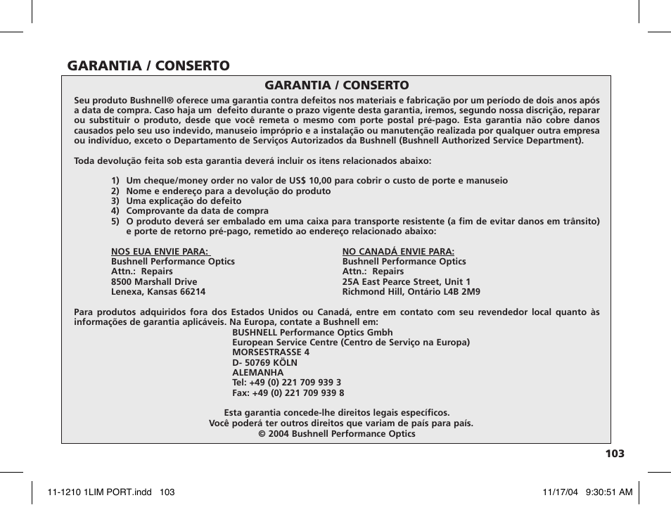 Garantia / conserto | Bushnell 11-1210 User Manual | Page 89 / 108