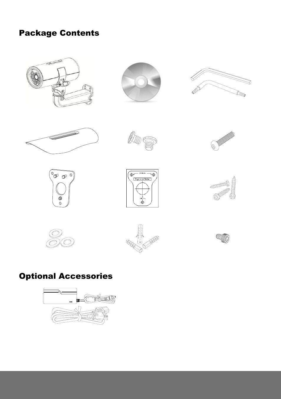 Package contents, The following items are included in the package, Optional accessories | AVer Rugged Bullet IP cam(E) Installation Guide User Manual | Page 4 / 24