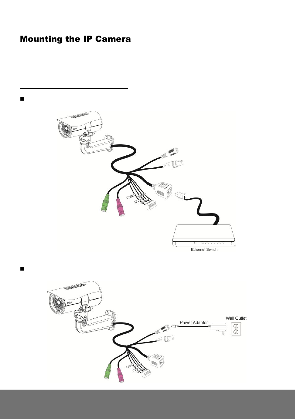 Mounting the ip camera, Deploying network, Network connection via ethernet switch | Eploying, Etwork | AVer Rugged Bullet IP cam(E) Installation Guide User Manual | Page 6 / 24