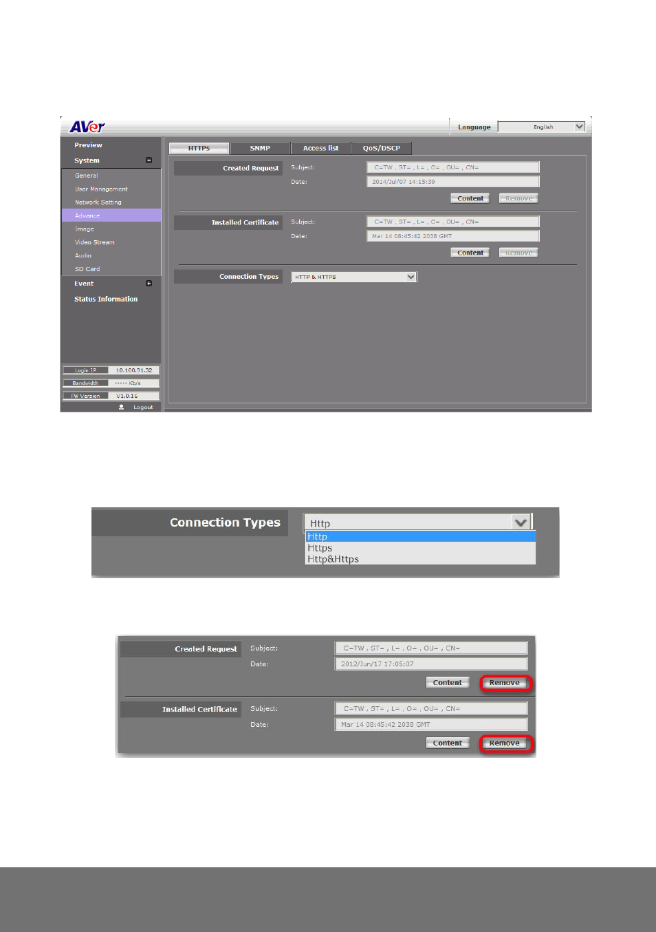 System > advance > https, Ystem, Dvance | Https | AVer SD1306 user manual User Manual | Page 46 / 76