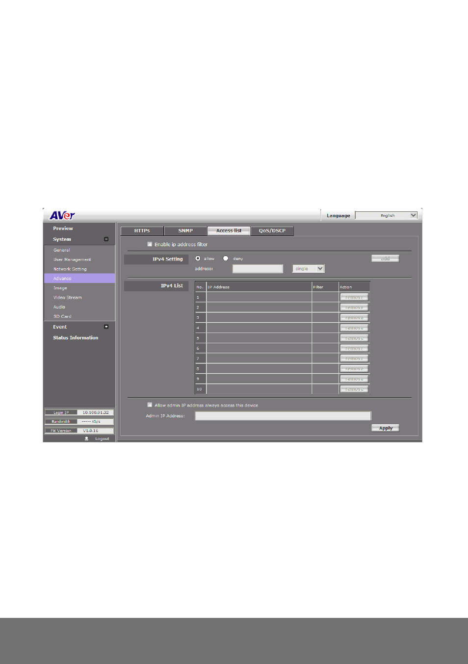 System > advance > access list, Ystem, Dvance | Ccess list | AVer SD1306 user manual User Manual | Page 50 / 76