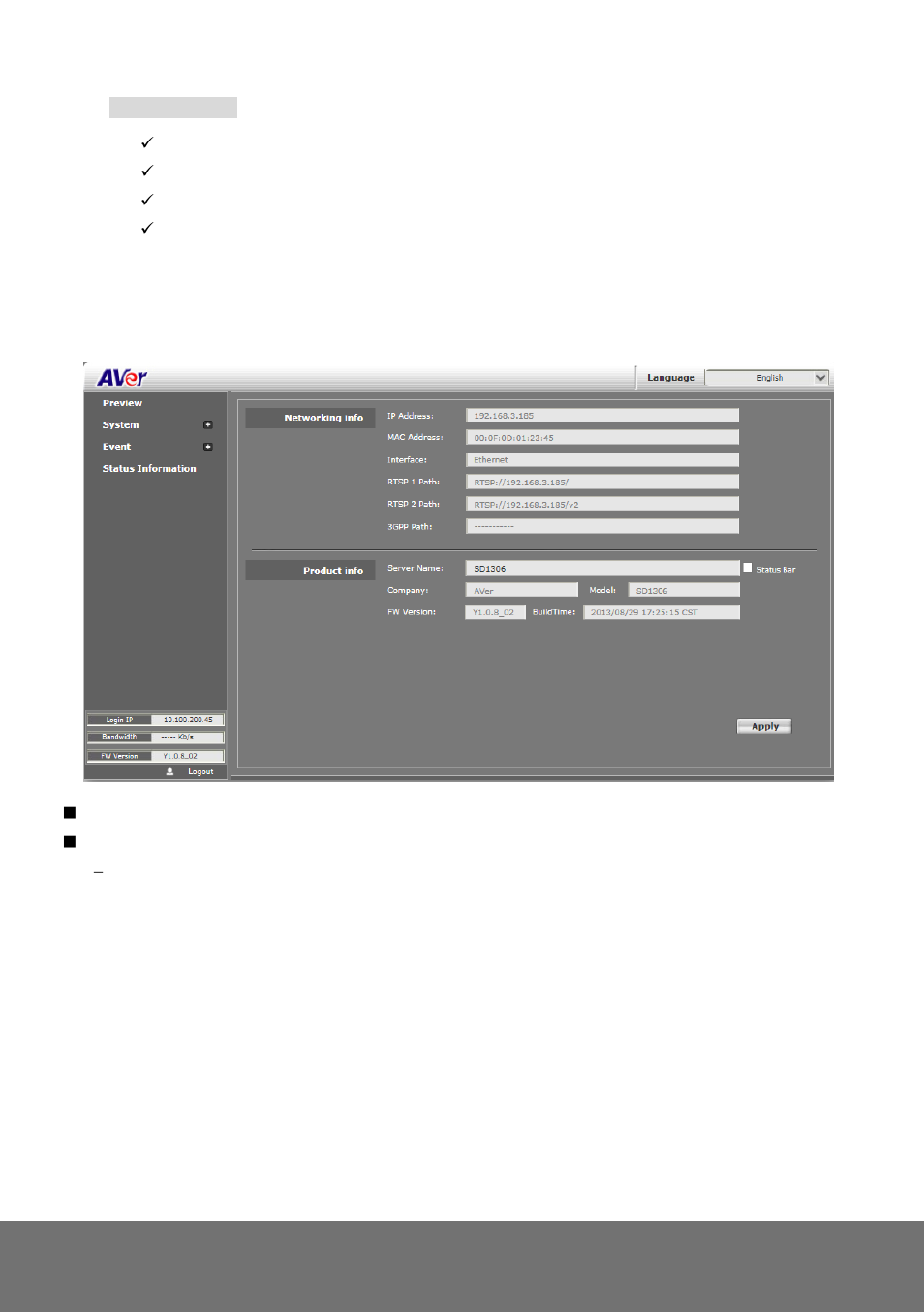 Status information, Tatus, Nformation | AVer SD1306 user manual User Manual | Page 68 / 76