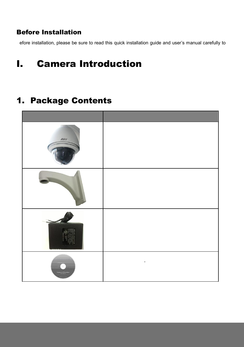 I. camera introduction, Package contents, Camera introduction | Before installation | AVer SD1306 quick guide User Manual | Page 3 / 21