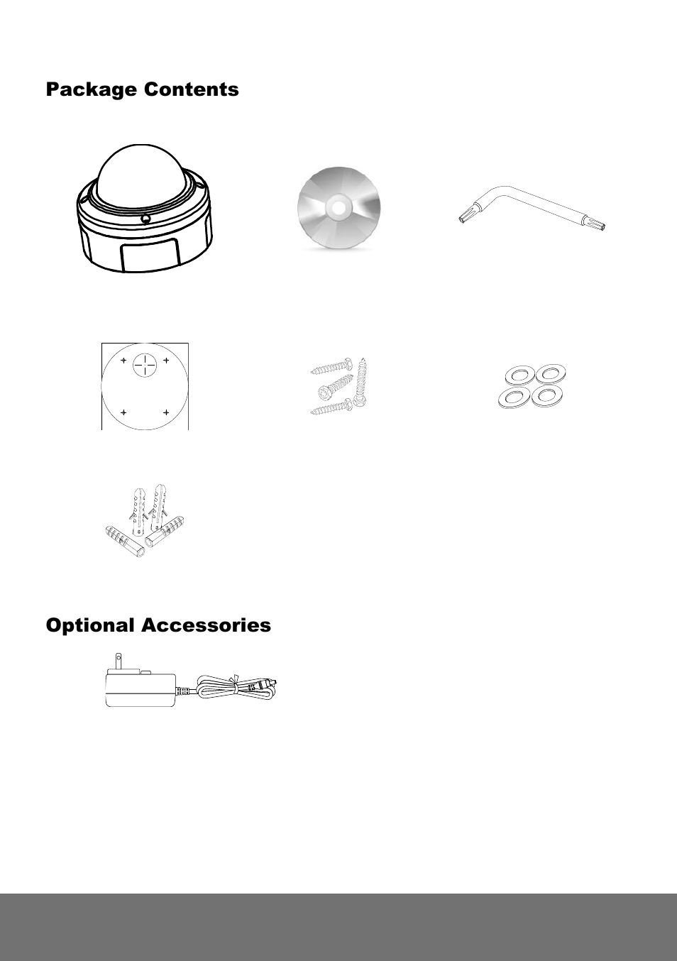 Package contents, Optional accessories | AVer Vandal Dome IP cam(E) Installation Guide User Manual | Page 4 / 27