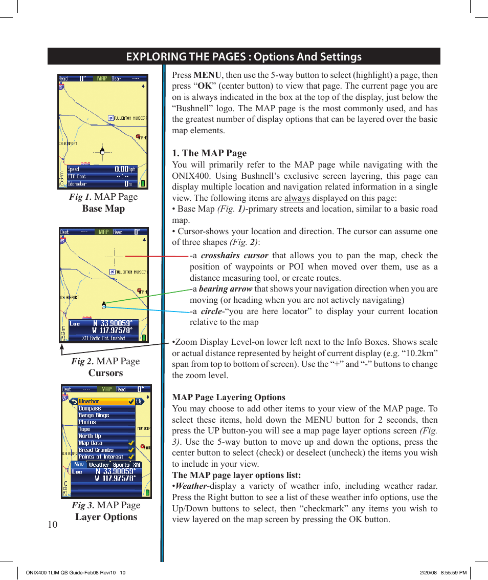 Exploring the pages : options and settings | Bushnell ONIX 400 364000 User Manual | Page 10 / 28