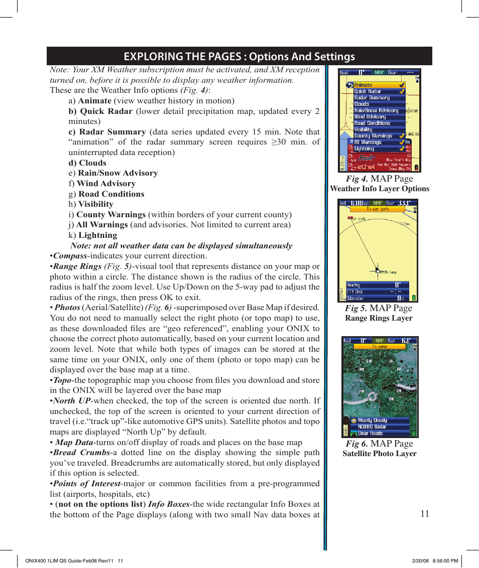 Exploring the pages : options and settings | Bushnell ONIX 400 364000 User Manual | Page 11 / 28