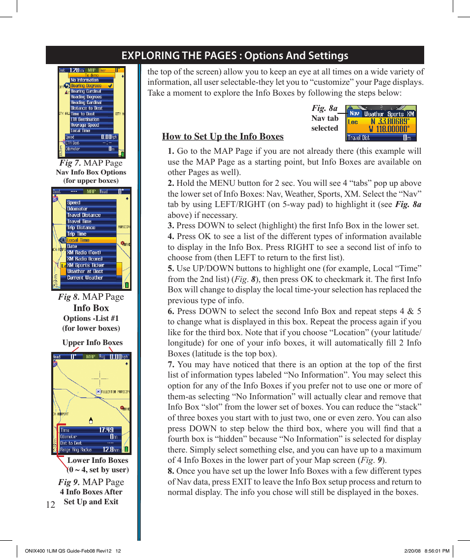 Exploring the pages : options and settings | Bushnell ONIX 400 364000 User Manual | Page 12 / 28