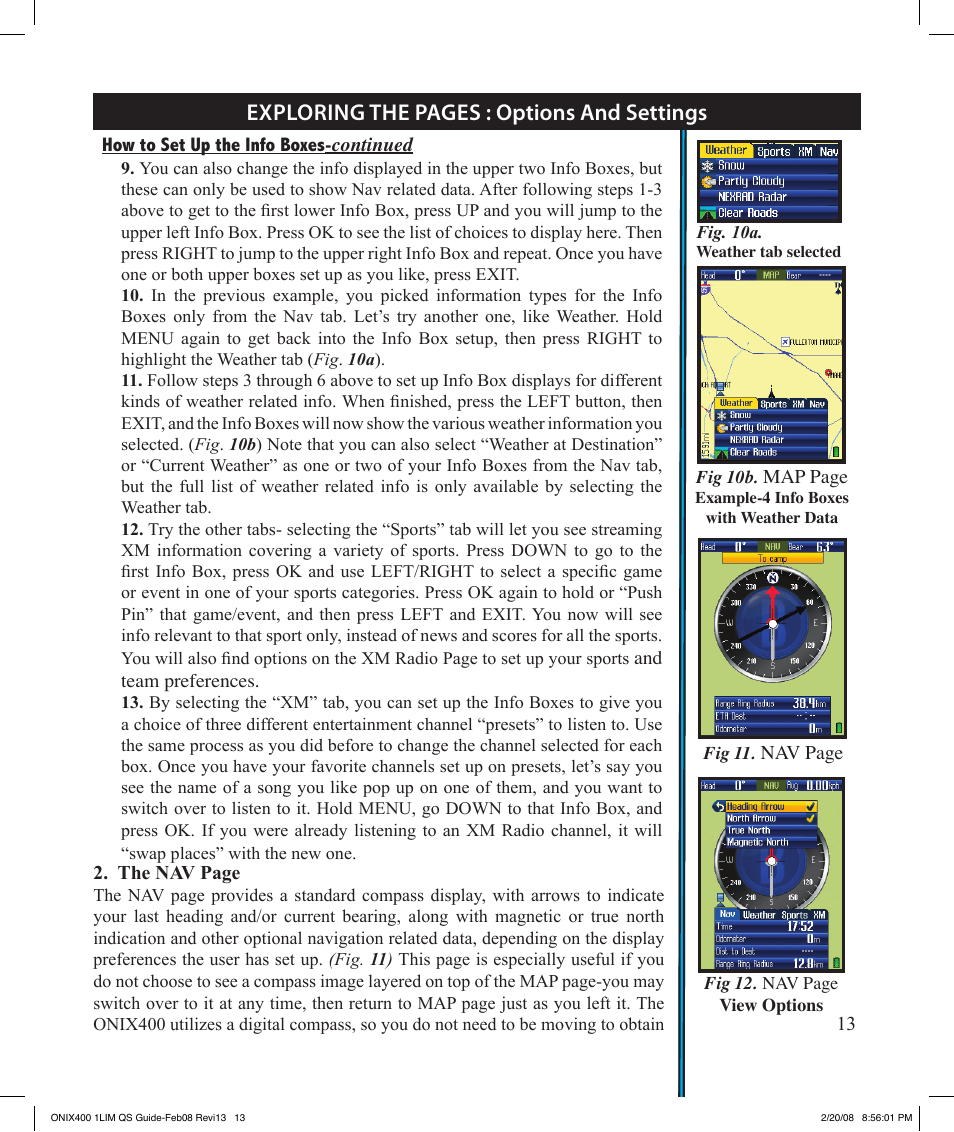 Exploring the pages : options and settings | Bushnell ONIX 400 364000 User Manual | Page 13 / 28