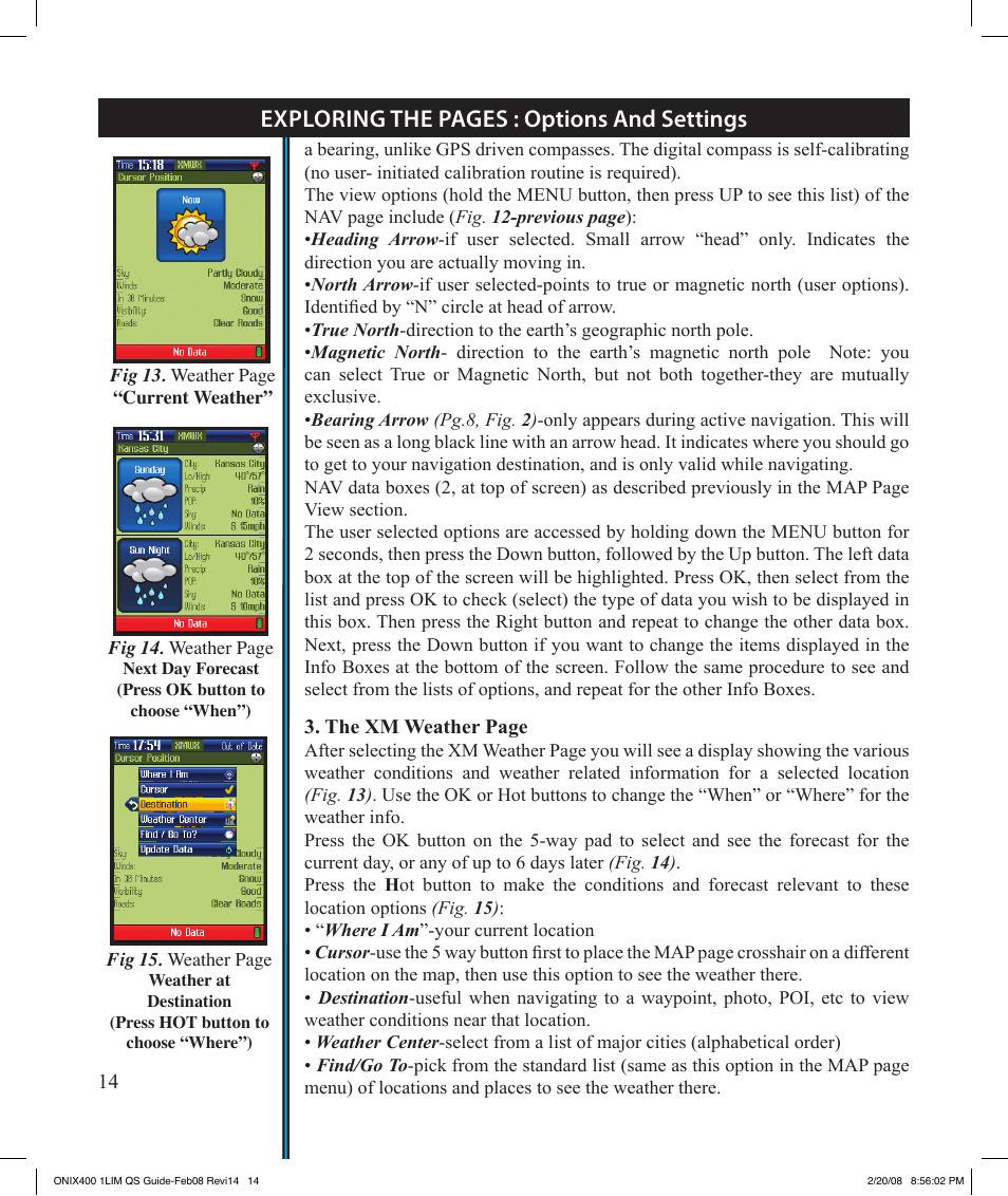 Exploring the pages : options and settings | Bushnell ONIX 400 364000 User Manual | Page 14 / 28