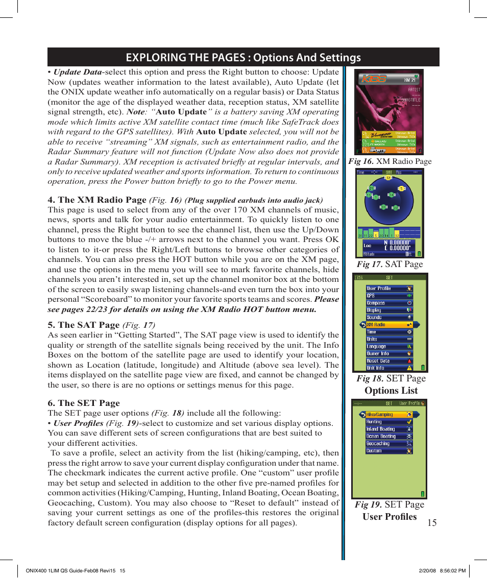 Exploring the pages : options and settings | Bushnell ONIX 400 364000 User Manual | Page 15 / 28