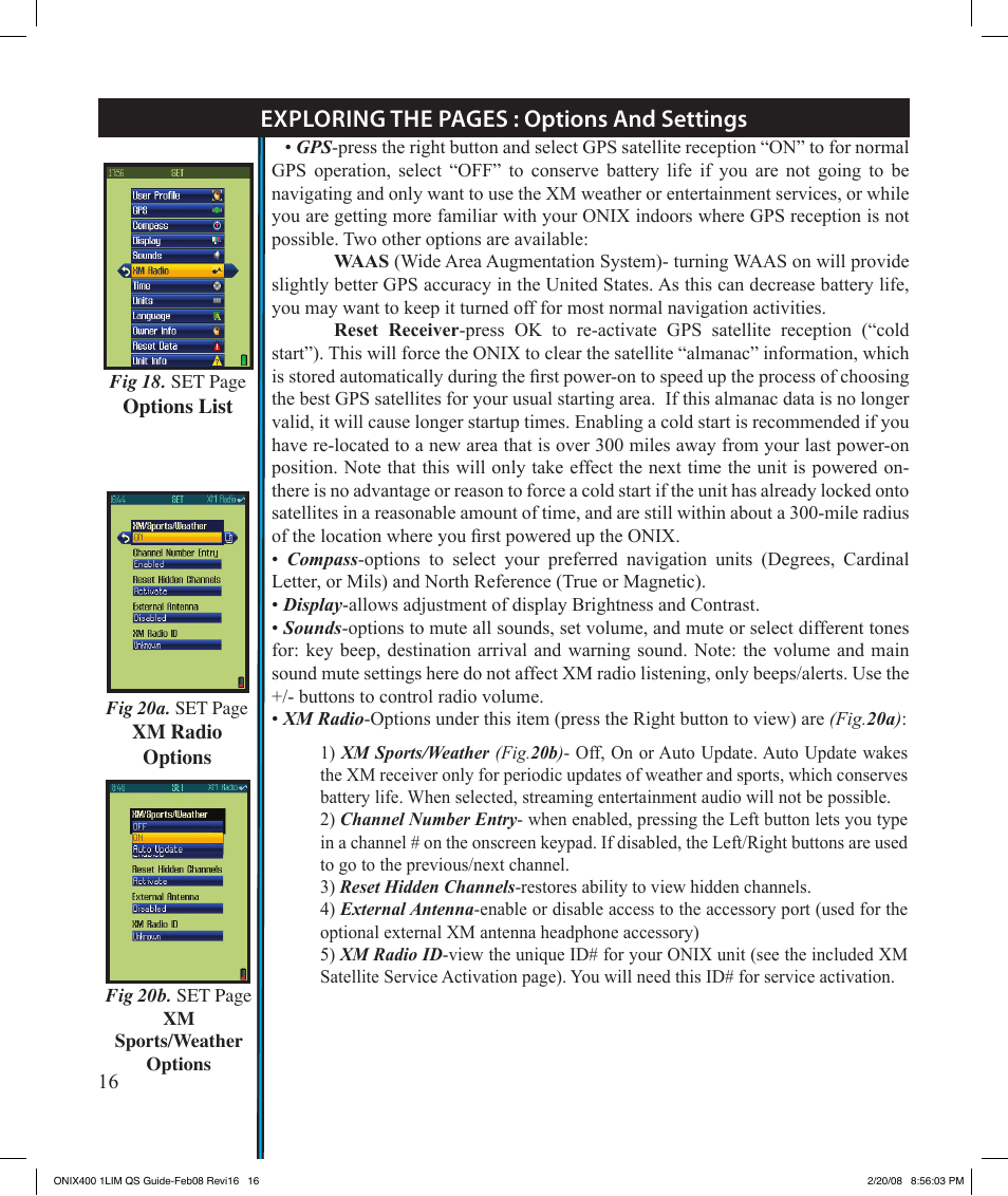 Exploring the pages : options and settings | Bushnell ONIX 400 364000 User Manual | Page 16 / 28