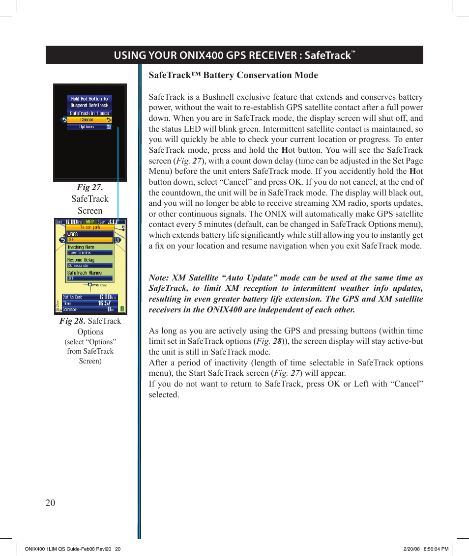 Using your onix400 gps receiver : safetrack | Bushnell ONIX 400 364000 User Manual | Page 20 / 28