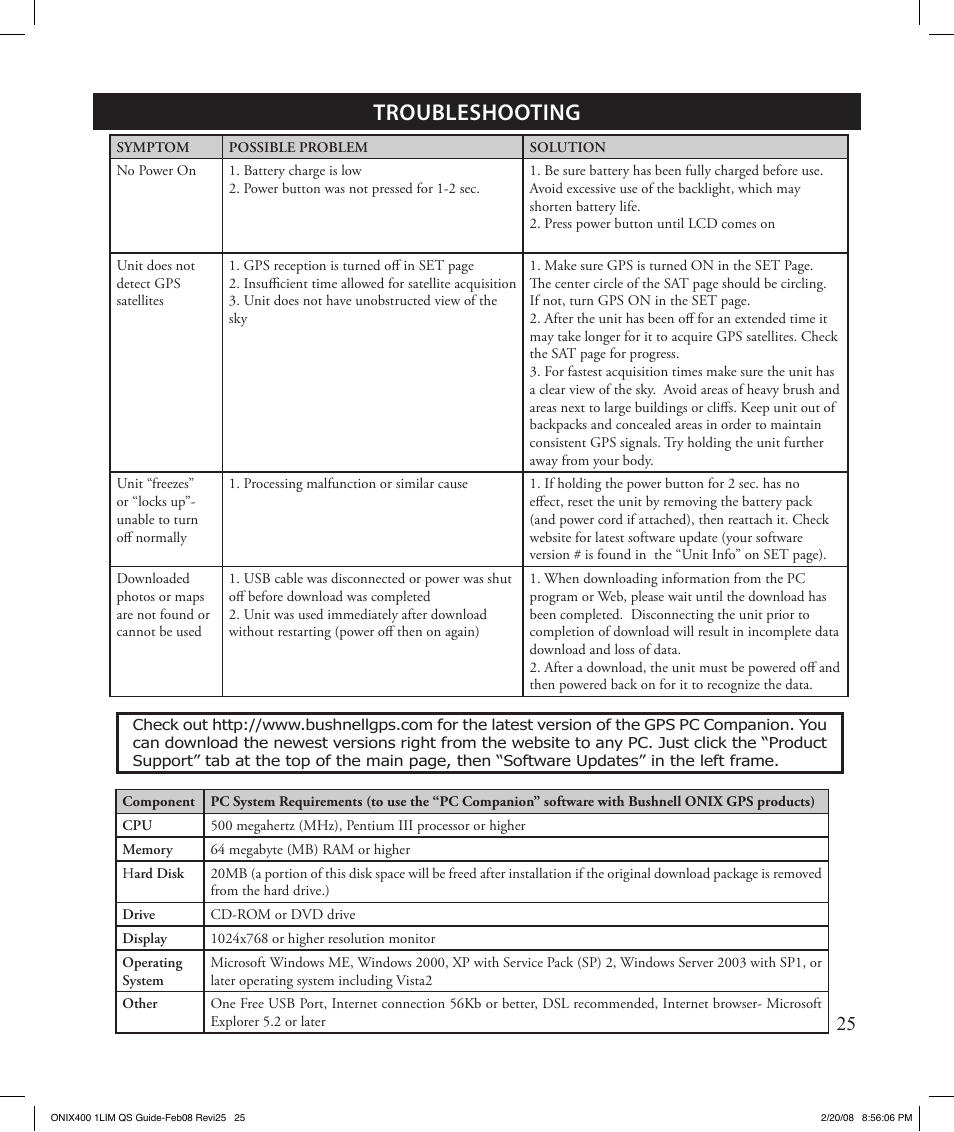 Troubleshooting | Bushnell ONIX 400 364000 User Manual | Page 25 / 28