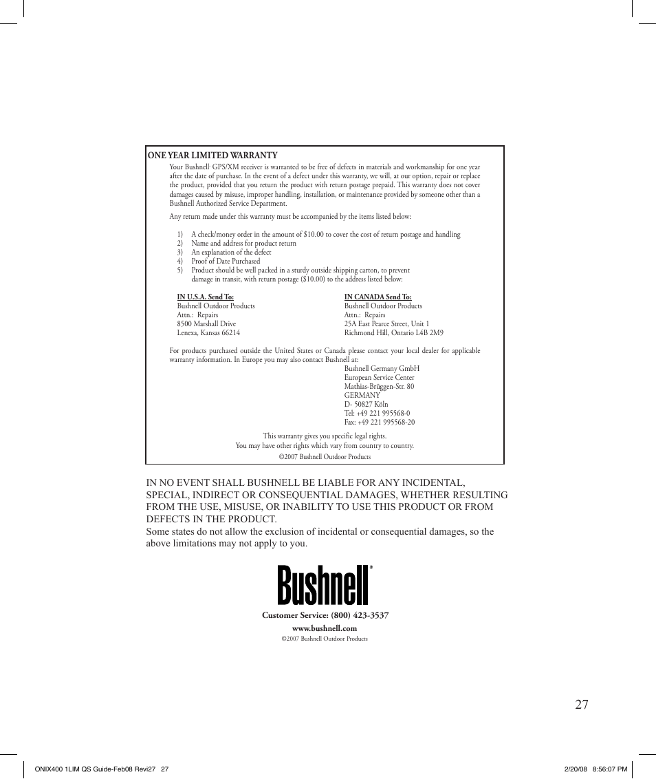Bushnell ONIX 400 364000 User Manual | Page 27 / 28