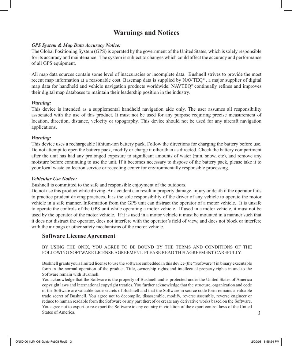 Warnings and notices, Software license agreement | Bushnell ONIX 400 364000 User Manual | Page 3 / 28