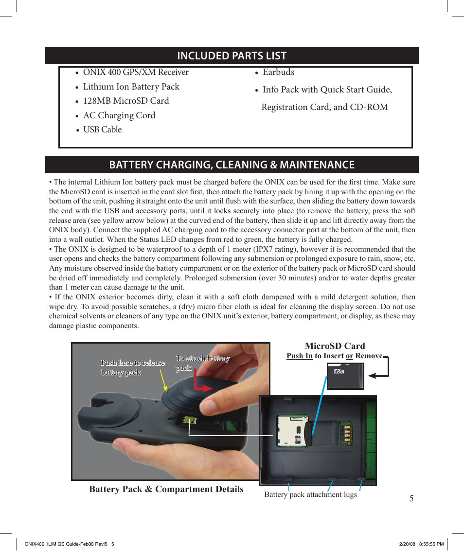 Included parts list, Battery charging, cleaning & maintenance | Bushnell ONIX 400 364000 User Manual | Page 5 / 28