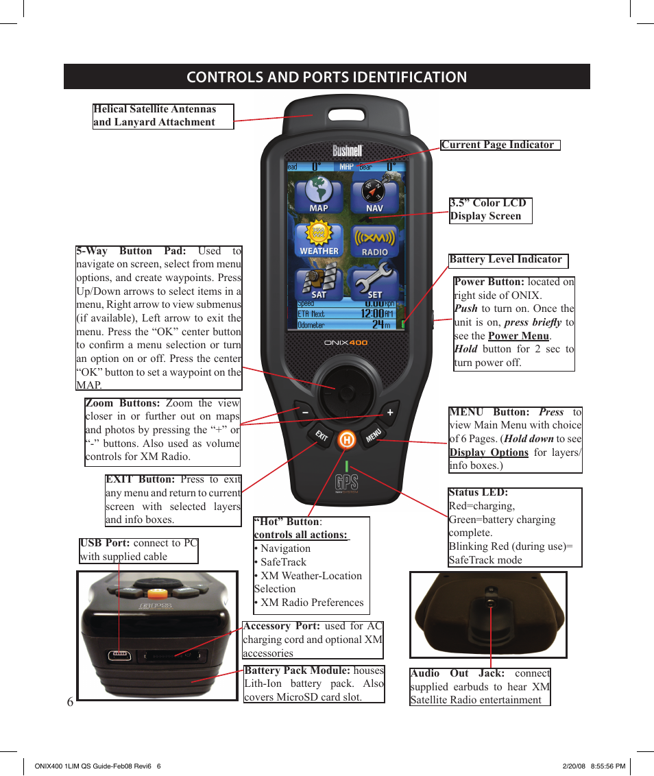 Controls and ports identification | Bushnell ONIX 400 364000 User Manual | Page 6 / 28