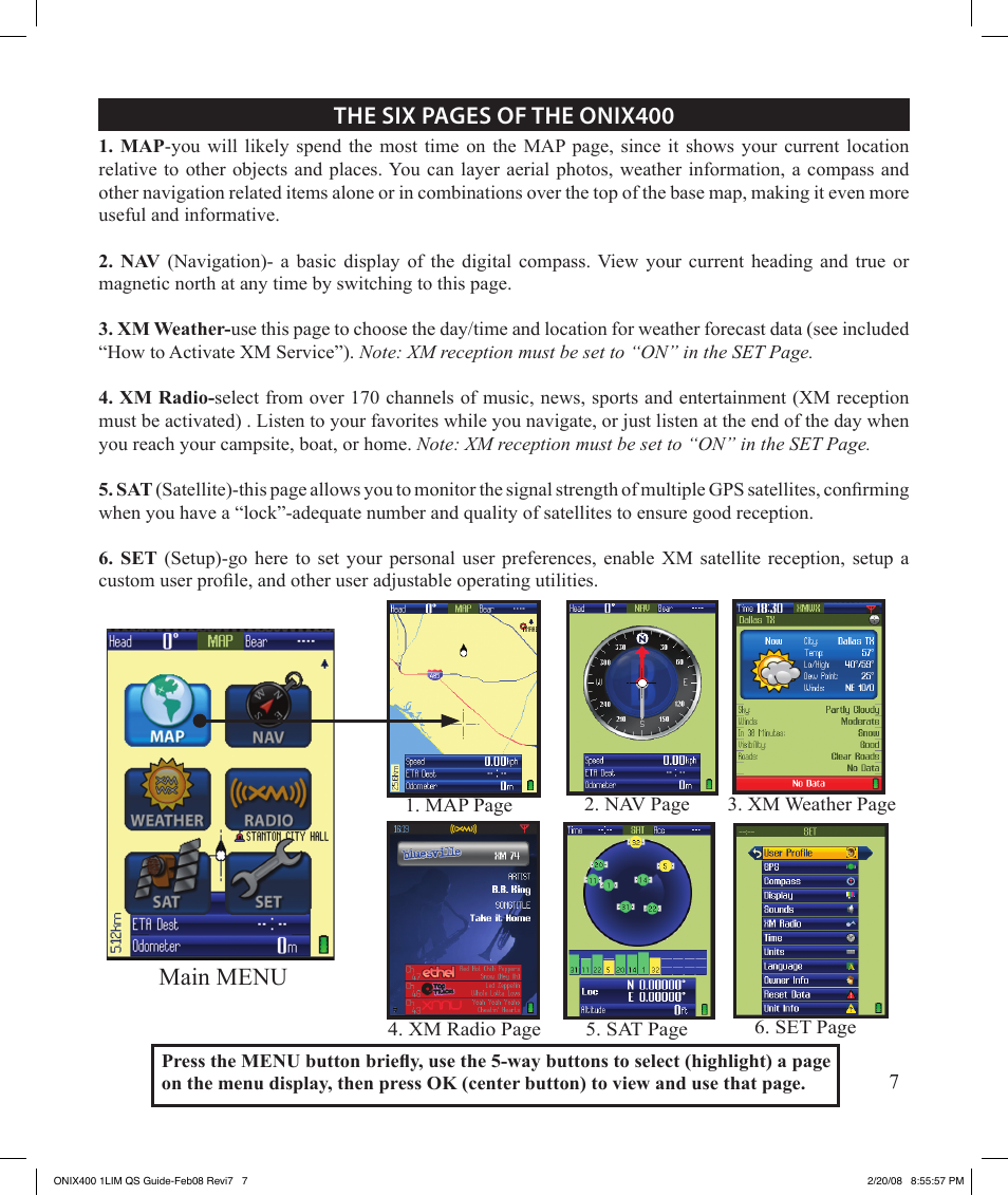 The six pages of the onix400, Main menu | Bushnell ONIX 400 364000 User Manual | Page 7 / 28