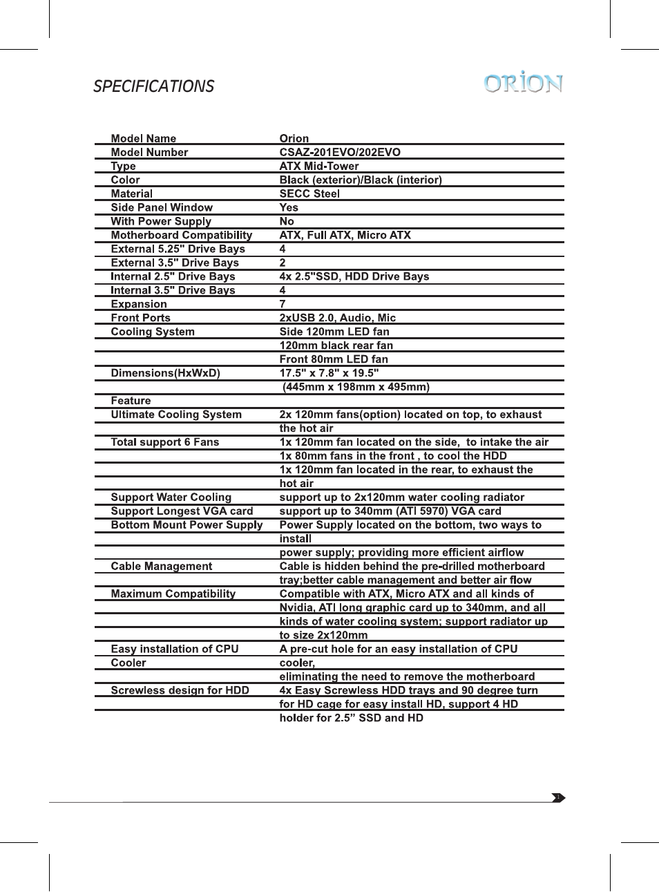 Specifications | AZZA Orion 202EVO User Manual | Page 3 / 10