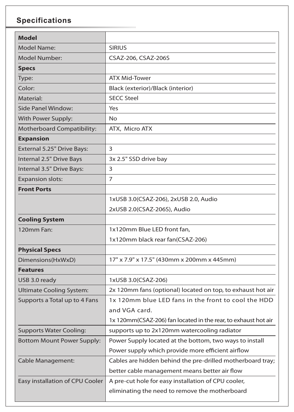 Specifications | AZZA SIRIUS 206S User Manual | Page 2 / 8