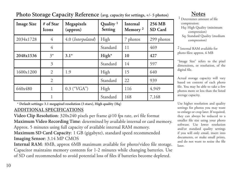 Photo storage capacity reference | Bushnell ImageView 118331 User Manual | Page 10 / 16