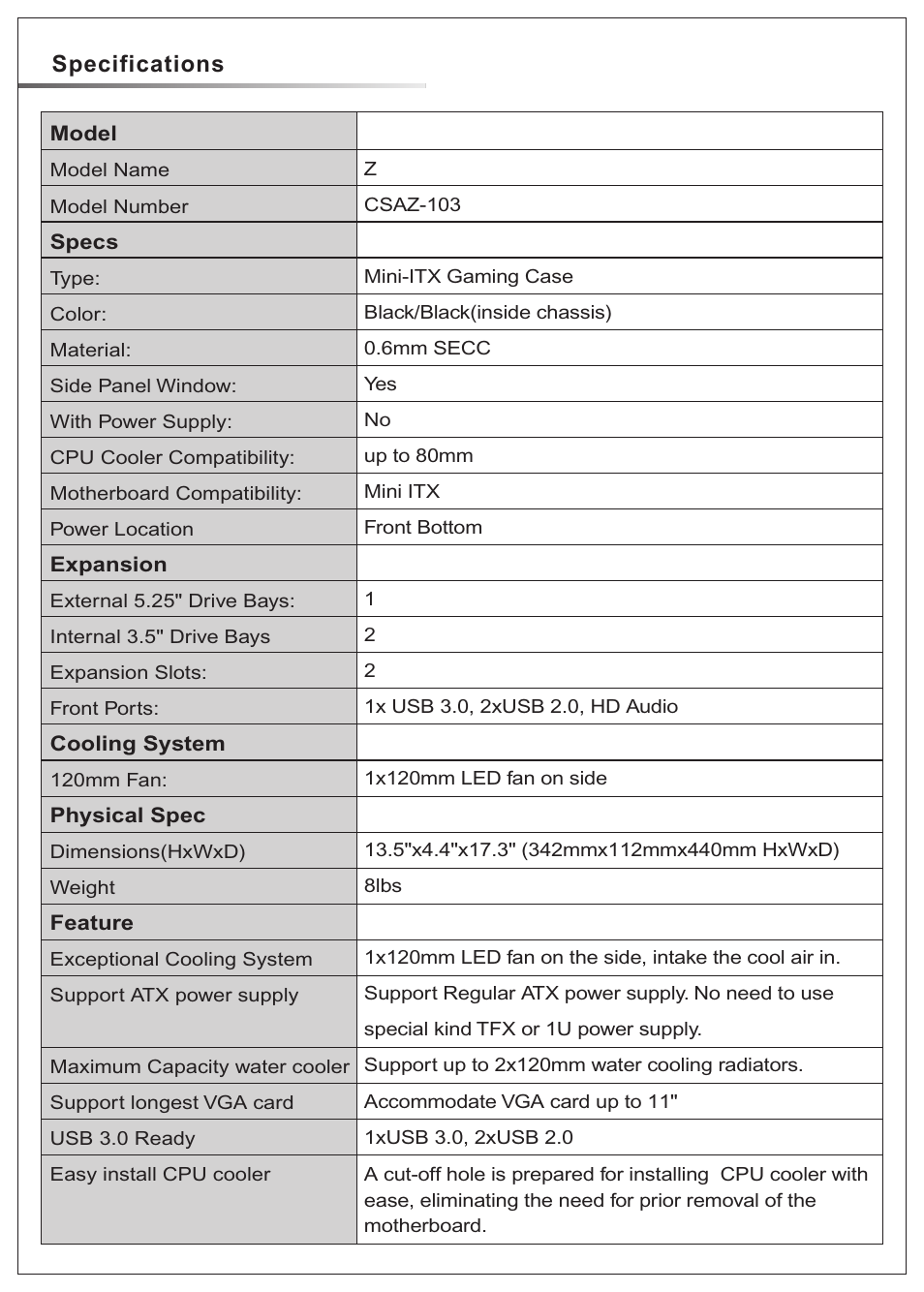 Specifications | AZZA Z User Manual | Page 2 / 8