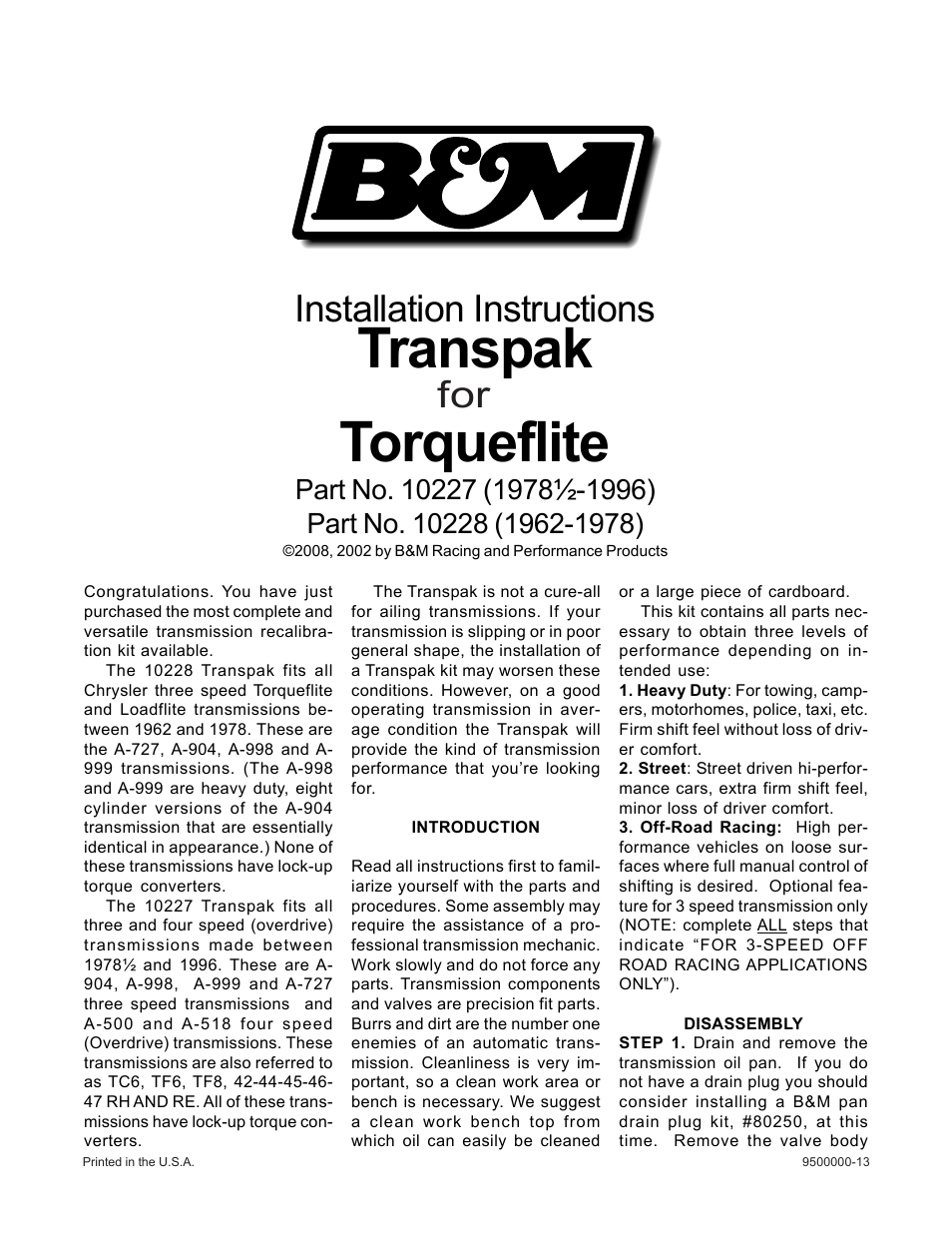 B&M 10228 TRANSPAK User Manual | 8 pages