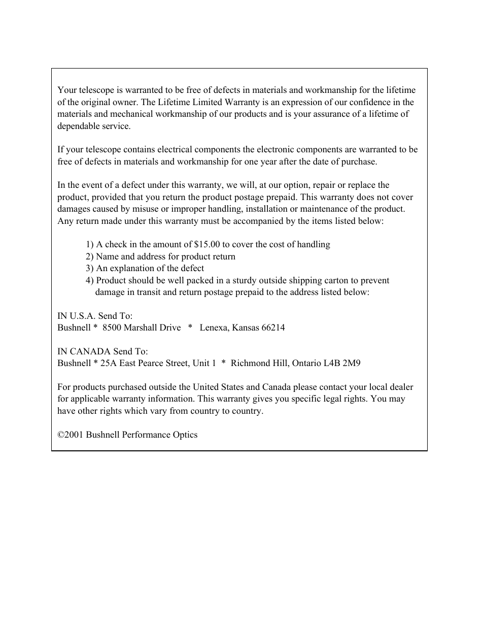 Telescope lifetime limited warranty | Bushnell DEEP SPACE 78-9518 User Manual | Page 6 / 6
