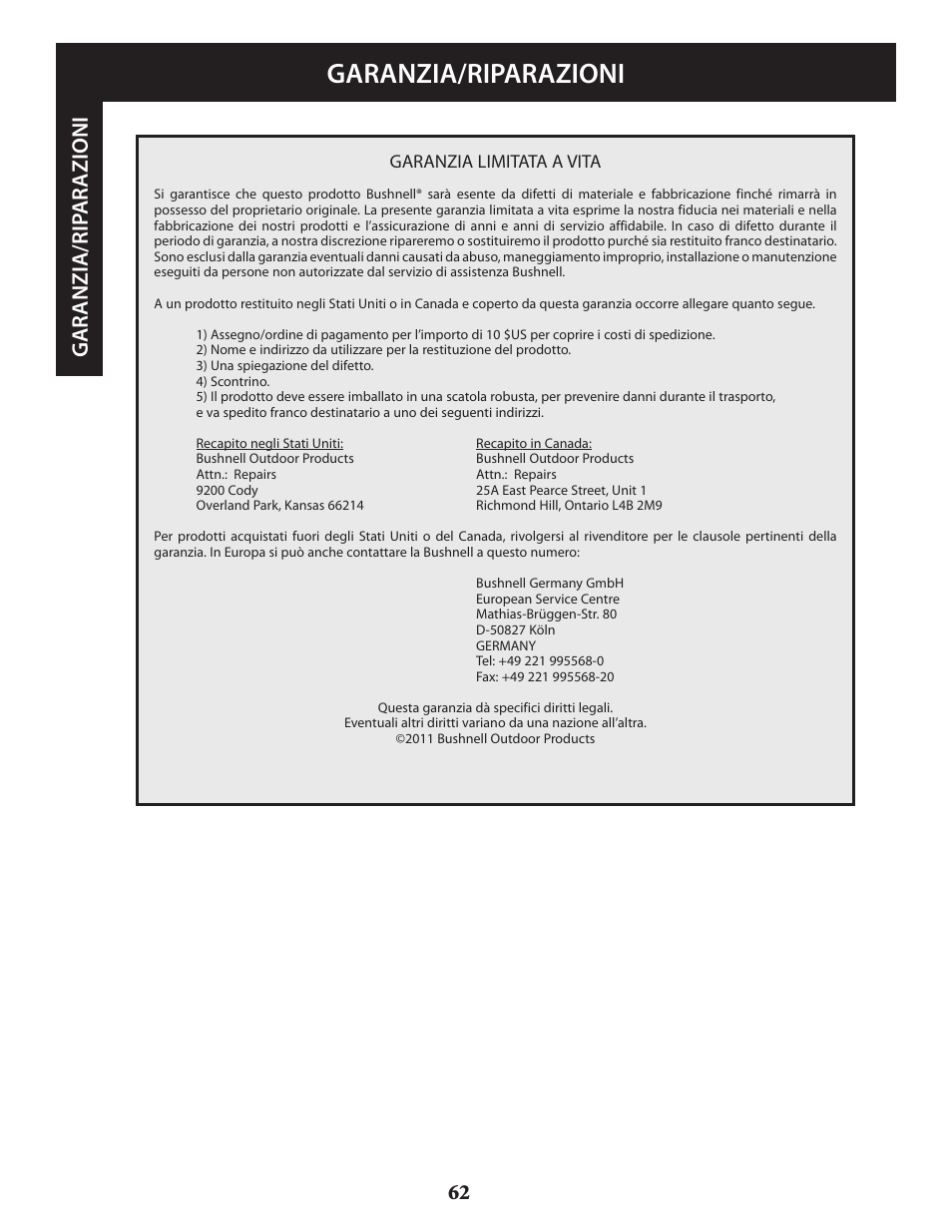 Garanzia/riparazioni, Ga ranz ia/ rip a ra zio n i | Bushnell VOYAGER 789946 User Manual | Page 62 / 76