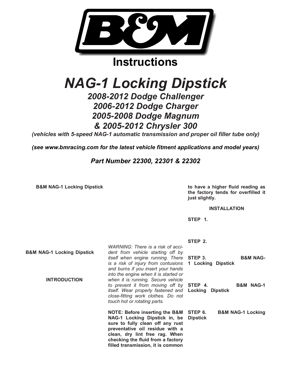 B&M 22302 LOCKING DIPSTICK CHRYSLER NAG-1 A/T W/6.1L & 6.4L V8 User Manual | 2 pages