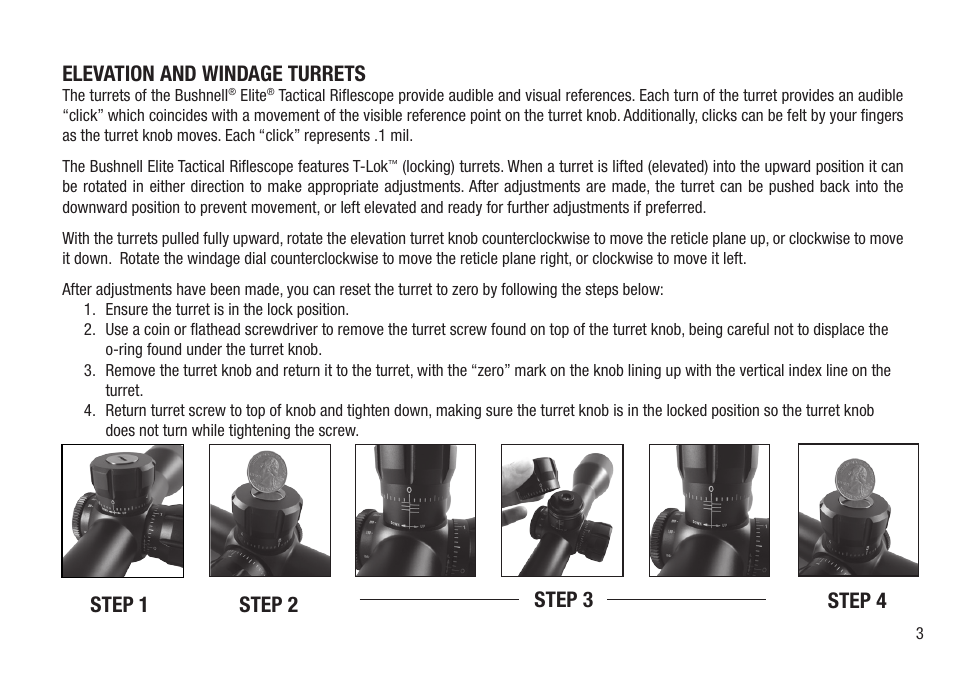Side focus adjustment, Elevation and windage turrets, Step 1 step 2 step 3 step 4 | Bushnell 98-2293/05-12 User Manual | Page 3 / 28