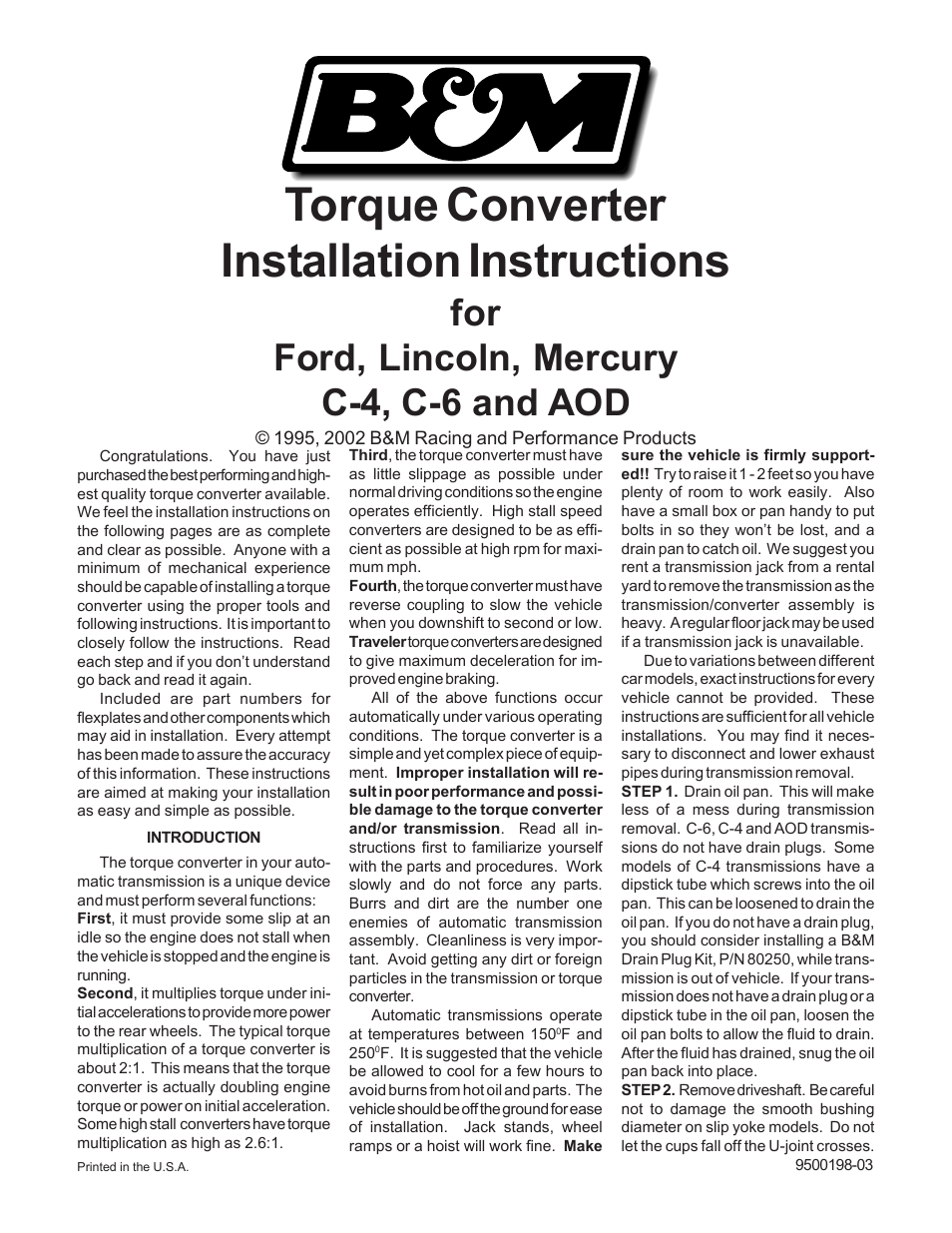 B&M 50442 TORK MASTER 3000 C4 26 SPLINE 10.5 User Manual | 6 pages