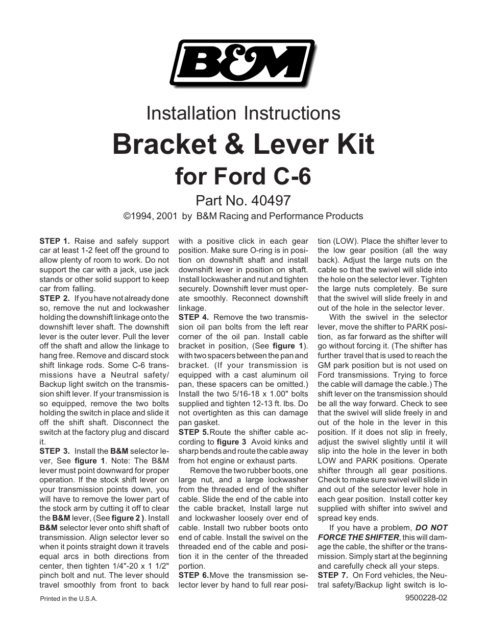 B&M 40497 BRACKET AND LEVER KIT User Manual | 2 pages