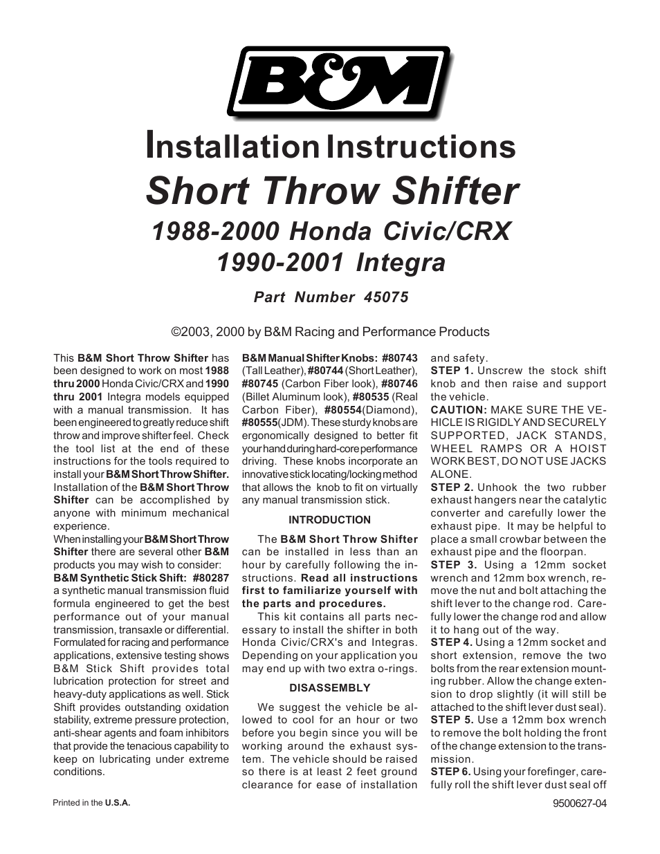 B&M 45075 PRECISION SPORT SHIFTER - 88 - 00 HONDA User Manual | 2 pages