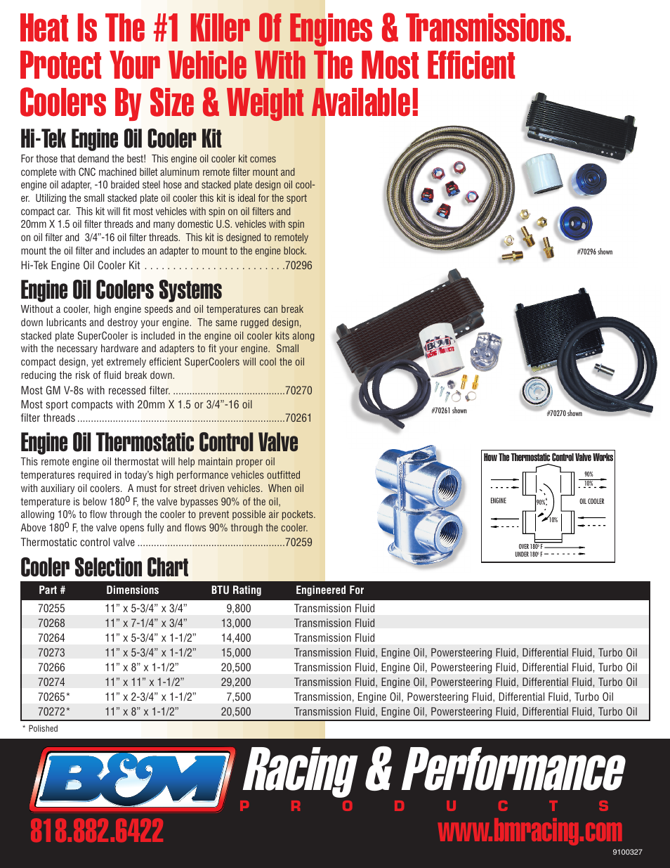 Racing & performance, Hi-tek engine oil cooler kit, Engine oil coolers systems | Engine oil thermostatic control valve, Cooler selection chart | B&M 45048 PREC SHIFTER JEEP 99-01 JEEP WRANGL User Manual | Page 12 / 12