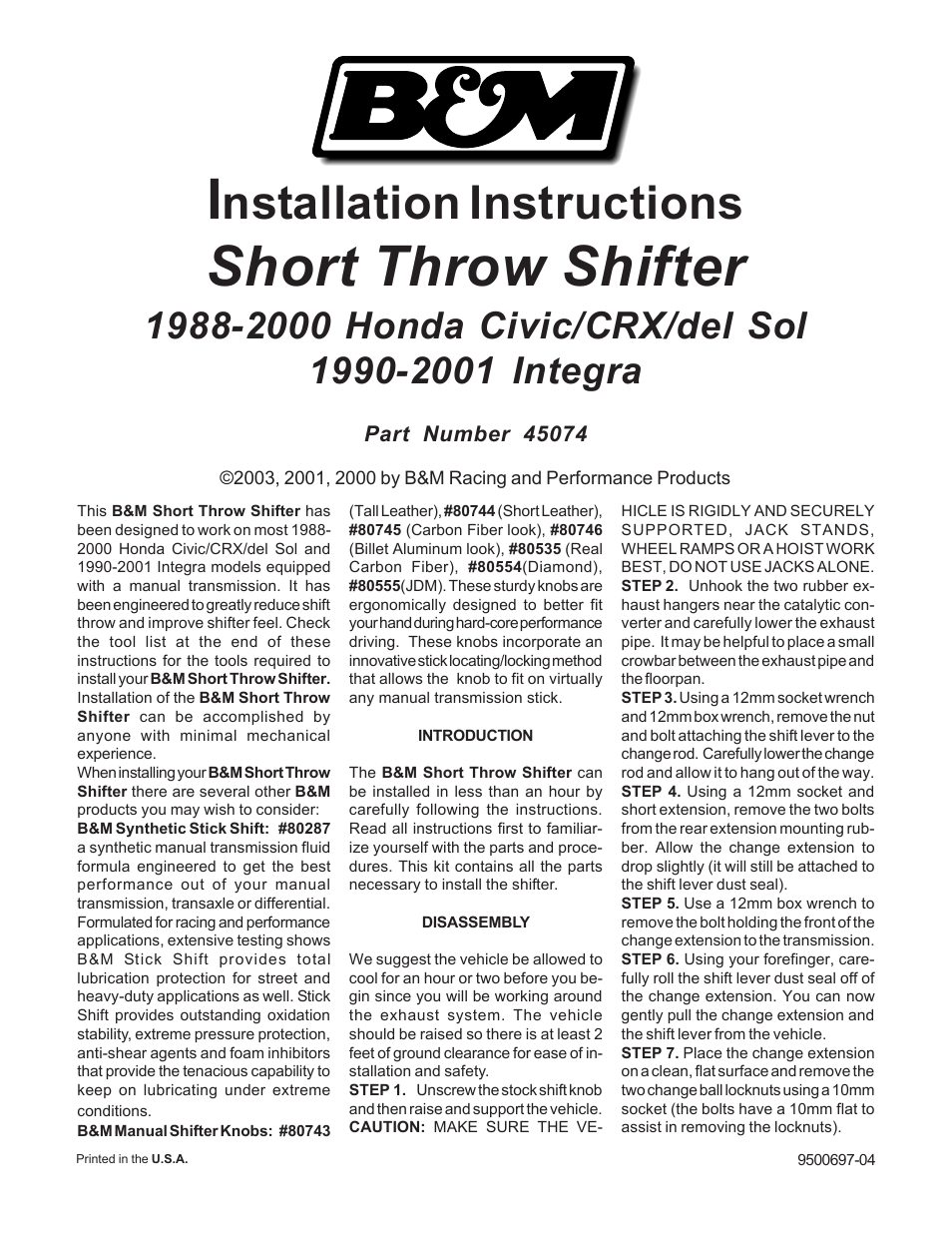 B&M 45074 PRECISION SPORT SHIFTER - 88 - 00 HONDA User Manual | 2 pages