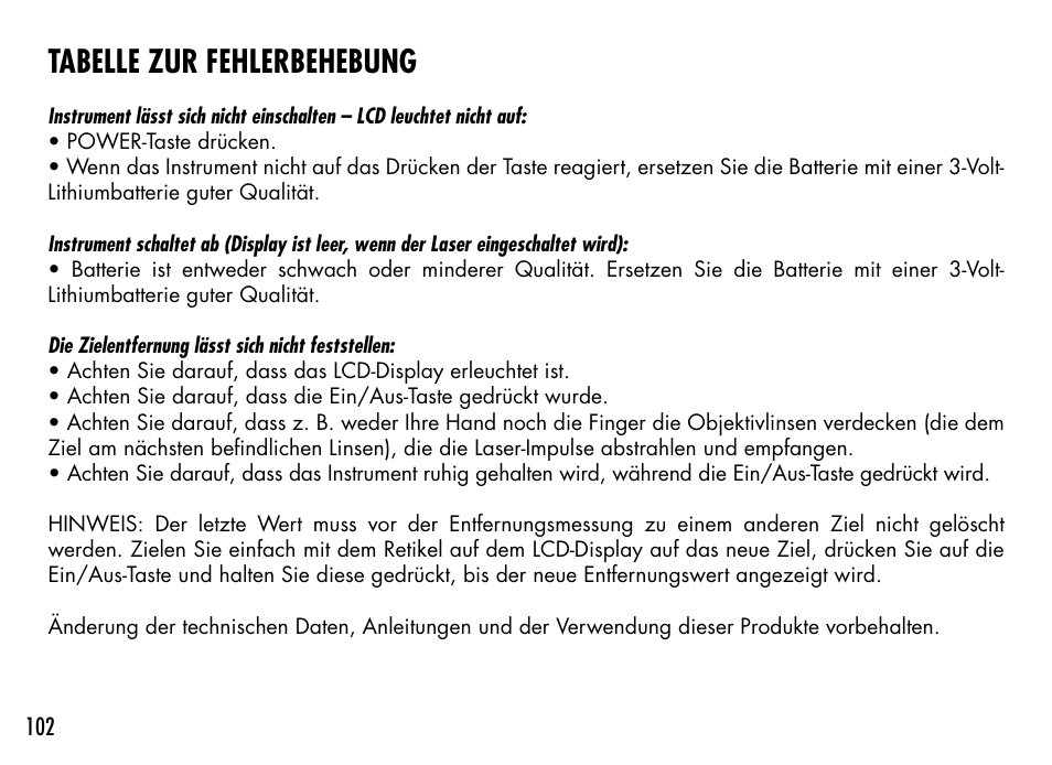 Tabelle zur fehlerbehebung | Bushnell 1000 User Manual | Page 102 / 155