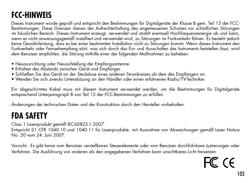 Fcc-hinweis, Fda safety | Bushnell 1000 User Manual | Page 103 / 155