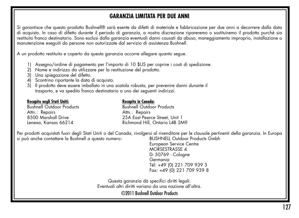 Garanzia limitata per due anni | Bushnell 1000 User Manual | Page 127 / 155